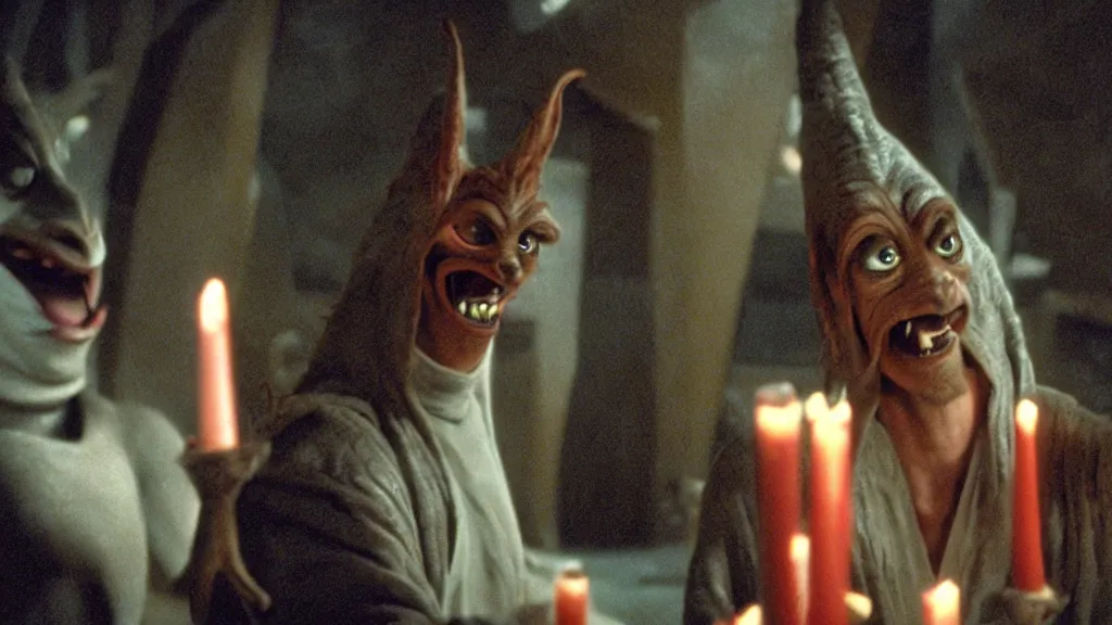 Prompt: Jar Jar Binks grinning maniacally, a satanic ritual with candles and a pentagram, movie screenshot directed by David Fincher, and cinematography by Roger Deakins. Shot from a low angle. Cinematic. 24mm lens, 35mm film, Fujifilm Reala, f8