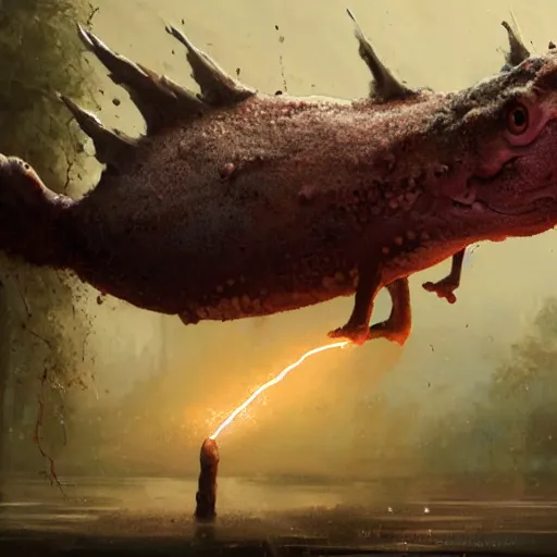 Prompt: highly detailed shocked Axolotl hit by lightning from the sky in a small puddle, thunder, dramatic, dark, fantasy, digital art, hyperrealistic, Greg Rutkowski, Trending on Artstation, highly detailed