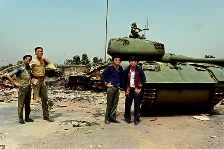 Image similar to a photo of a two mans posing in front of tank in destroyed vietnamese city, us journalism ministry photo, 1 9 6 9, color photo, perfect faces, fine details, fim still