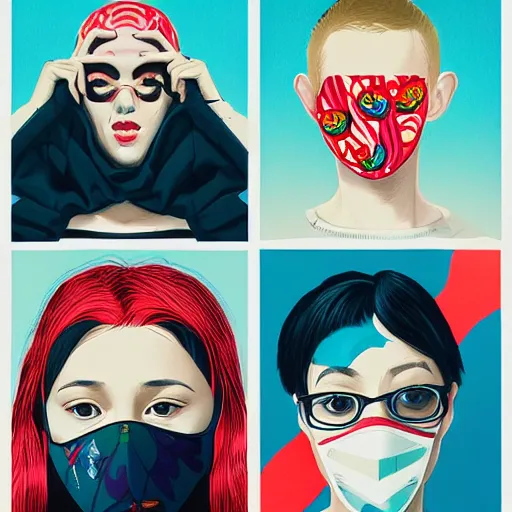 Image similar to Fashion weak portrait of people with sanitary mask, Tristan Eaton, artgerm, Victo Ngai, RHADS, ross draws