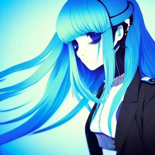 Image similar to low - angle shot from behind of a long light blue - haired girl in a blue tailcoat with a scabbard, combat boots, noir, screenshot, sharp focus, intricate, illustration, cell shaded, digital painting, highly detailed, straight hair, art by ilya kuvshinov, wlop, shutterstock, greg rutkowski, studio quality, james jean