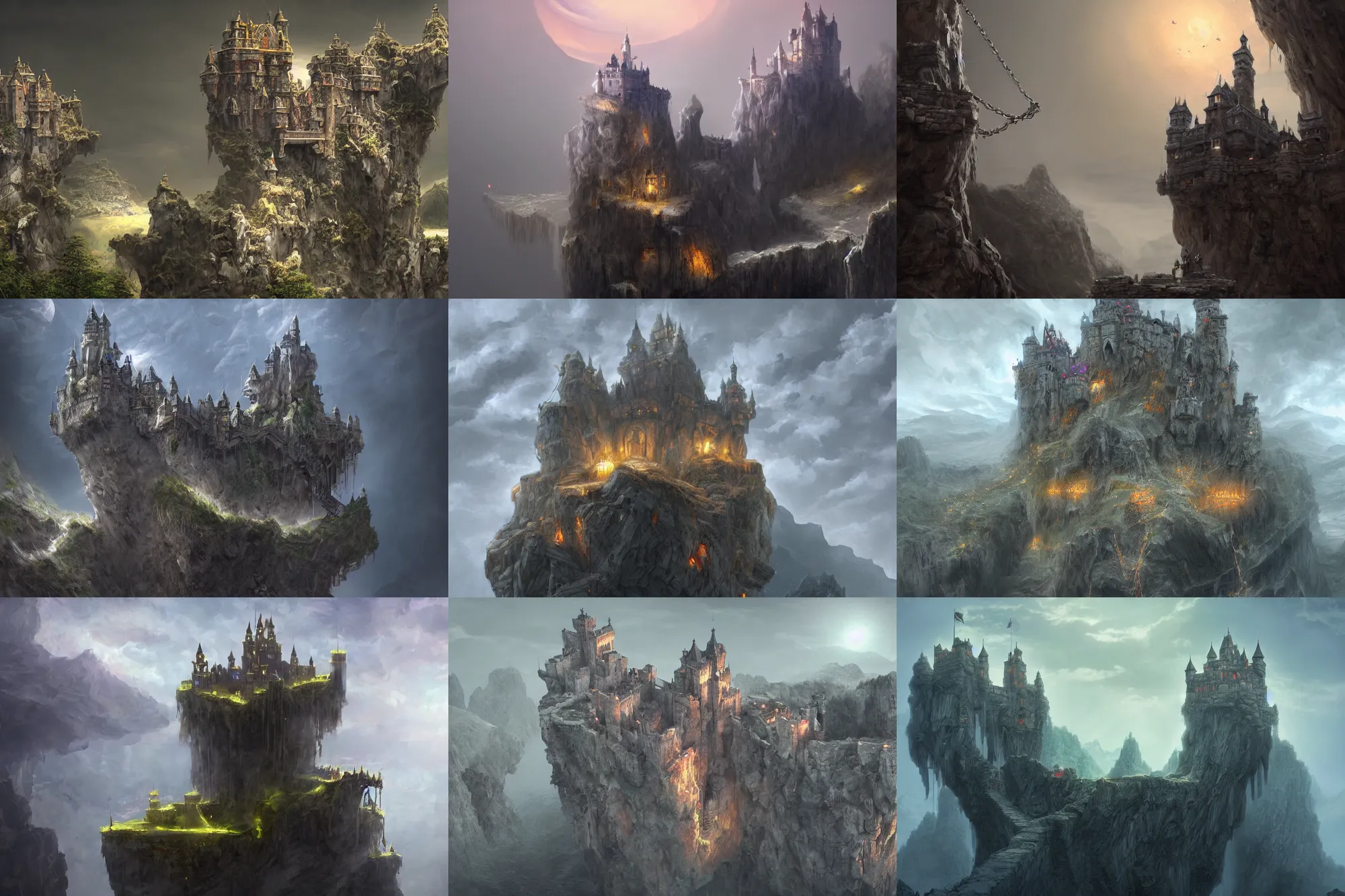 Prompt: an immense floating castle, in the midst of high mountains, hanging by chains, inside a gorge, below only cloud dark void, 8k resolution, artstation trends