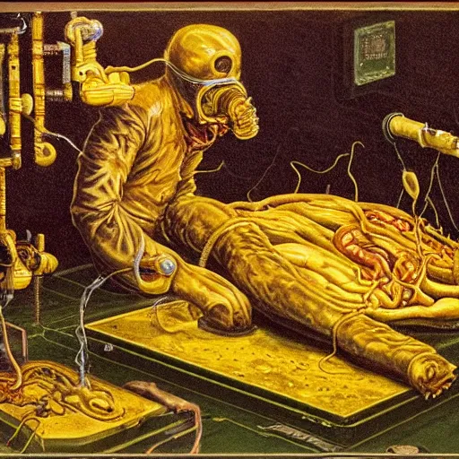 Image similar to dark green hi-tech sci-fi lab at night, realistic gustave coubert painting a hideous and sick human exposed guts crawling in two legs and dripping golden metalic fluid from intestine into a pool of golden liquid on the floor. Smokey atmosphere