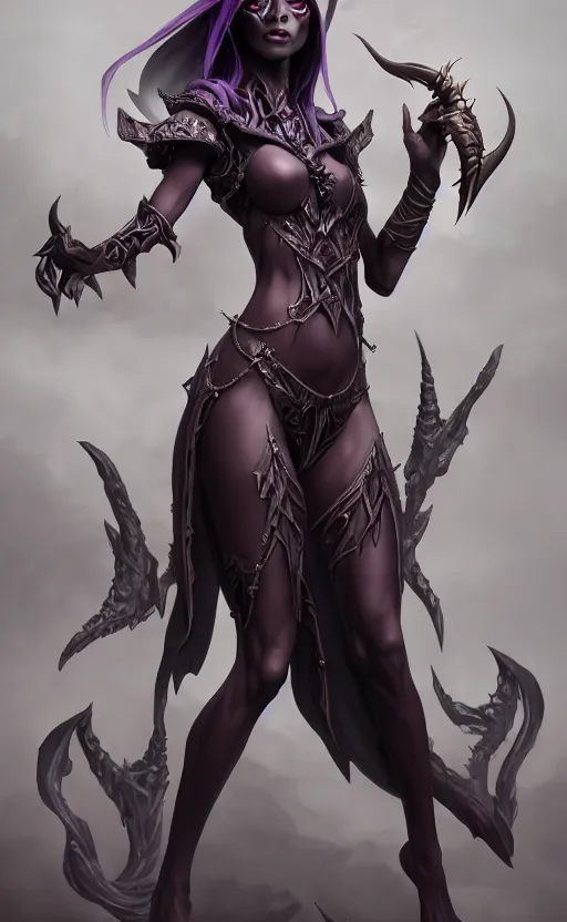 Image similar to full body shot of dark elf witch, highly detailed, d & d, fantasy, highly detailed, digital painting, trending on artstation, concept art, sharp focus, illustration, global illumination, ray tracing, realistic shaded, art by artgerm and greg rutkowski and fuji choko and viktoria gavrilenko and hoang lap,