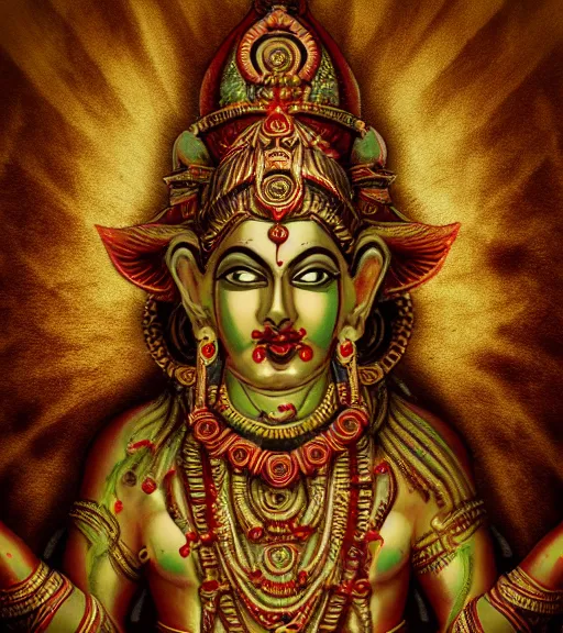 Image similar to mystical hindu blood god, film photo, grainy, high detail, high resolution