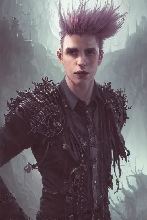 Prompt: highly detailed portrait from a gothic punk man with mohawk hair, stephen bliss, unreal engine, fantasy art by greg rutkowski, loish, rhads, ferdinand knab, makoto shinkai and lois van baarle, ilya kuvshinov, rossdraws, tom bagshaw, global illumination, radiant light, detailed and intricate environment