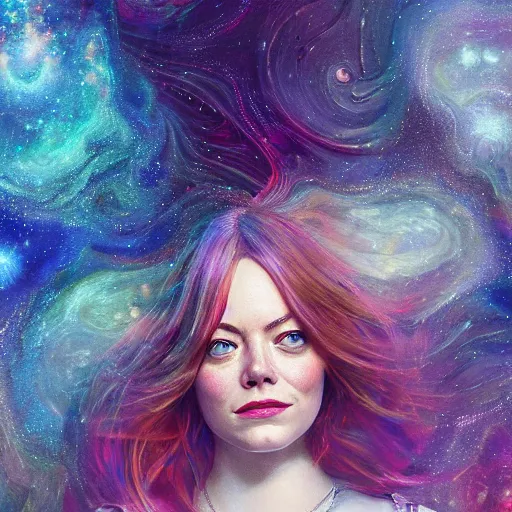 Image similar to emma stone as a cosmic fractal, hyper detailed, digital art, trending in artstation, cinematic lighting, studio quality, smooth render, unreal engine 5 rendered, octane rendered, art style by klimt and nixeu and ian sprigger and wlop and krenz cushart.