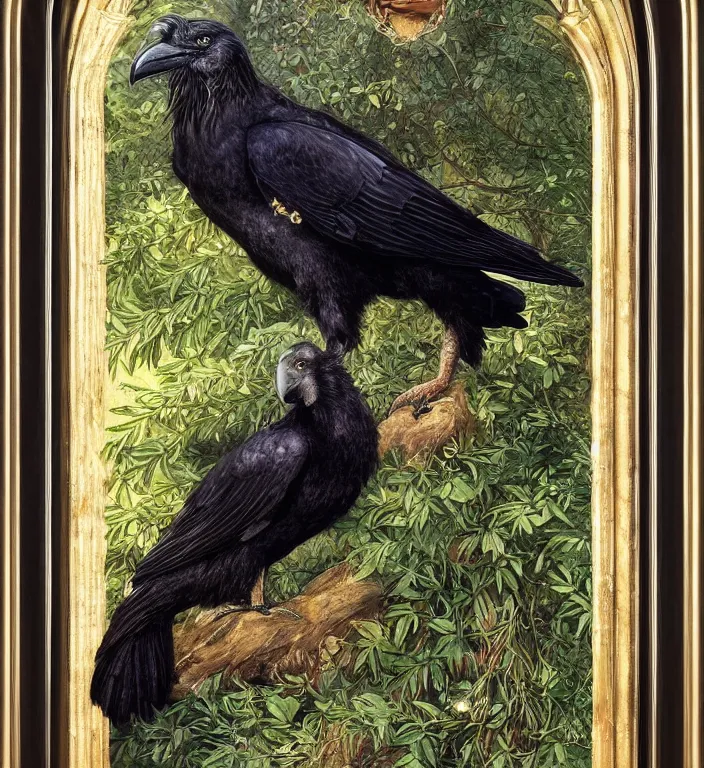 Image similar to a breathtakingly stunningly pre raphaelite beautifully highly detailed close up animal portrait of a majestic raven, in an forest arch with smokey water reflections, framed, by rosetti and devinci and morris and walter crane and michael cheval and sidney cooper and turner, 4 k