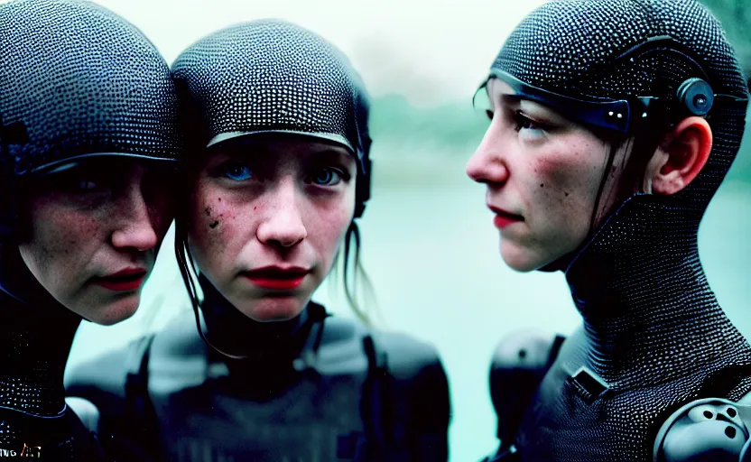 Image similar to cinestill 5 0 d candid photographic portrait by helen levitt of two loving female androids wearing rugged black mesh techwear in treacherous waters, extreme closeup, modern cyberpunk moody emotional cinematic, hurricane, 8 k, hd, high resolution, 3 5 mm, f / 3 2, ultra realistic faces, ex machina