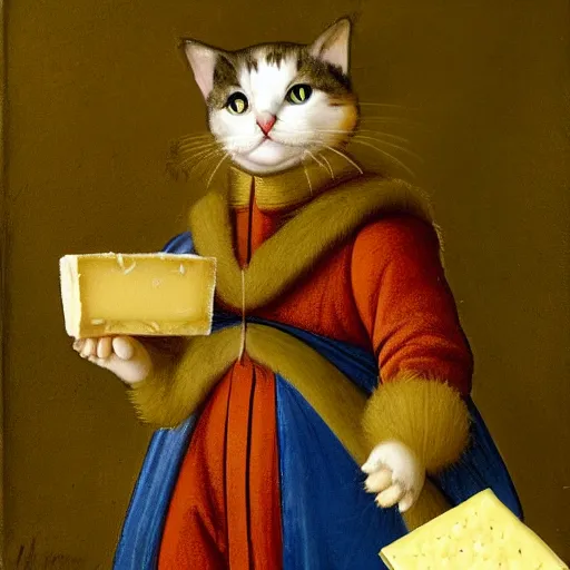Image similar to A painting by Leonardo da vinci of a cat dressed as french emperor napoleon holding a piece of cheese