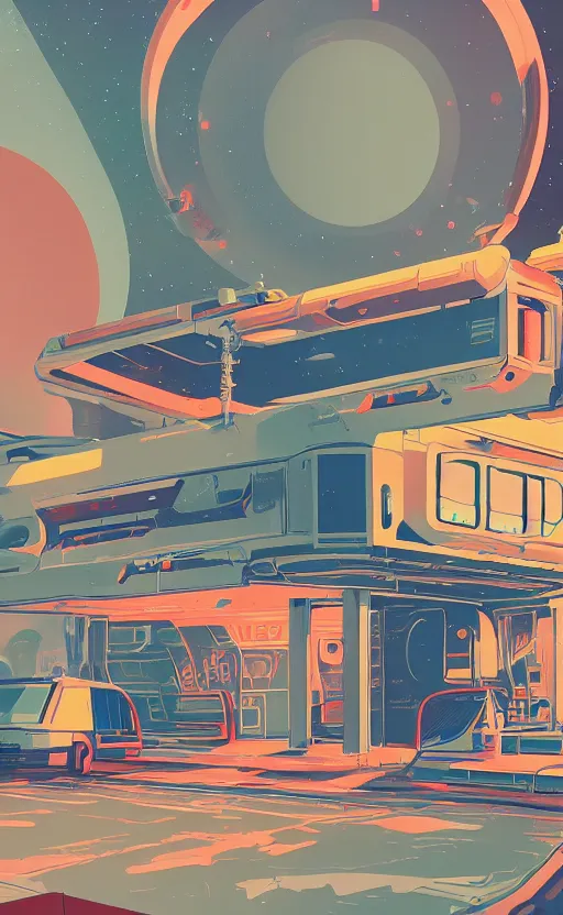 Image similar to spaceship in a gas station in space, sharp focus, james gilleard, sci - fi, print, risograph, cinematic, game art