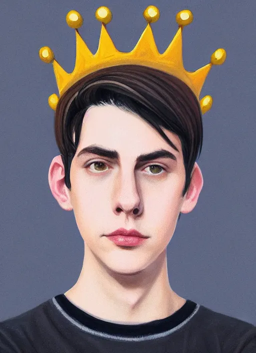 Image similar to portrait of teenage jughead jones wearing a light grey crown, photorealistic, crown, eyes closed, crown, black hair, sweater with letter s on it, letter s, intricate, elegant, glowing lights, highly detailed, digital painting, artstation, concept art, smooth, sharp focus, illustration, art by wlop, mars ravelo and greg rutkowski