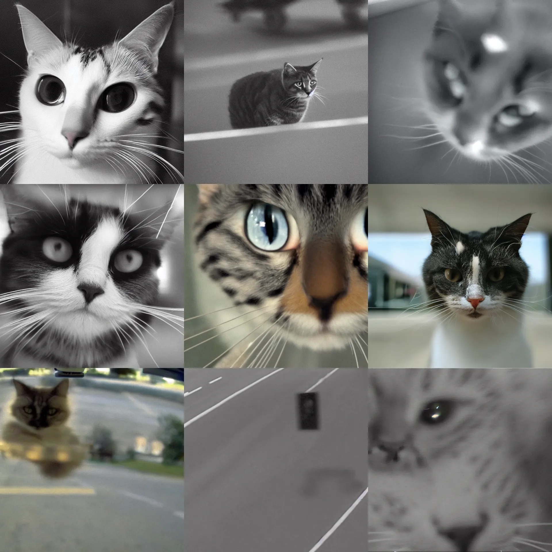 Prompt: grainy dashcam cctv footage of a closeup cat looking directly at the camera