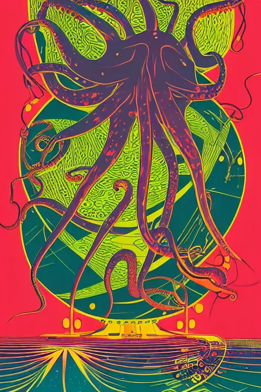 Prompt: a 6 0 s art deco octopus with the interior of an international space station fuill of electronic equipment, poster art by milton glaser, kilian eng, moebius, behance contest winner, psychedelic art, concert poster, poster art, maximalist