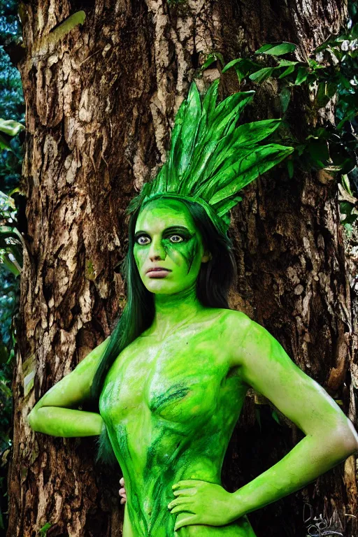 Image similar to a young greek woman dressed as a green-skinned verdan from DND standing in a forest, green body paint, high resolution film still, 8k, HDR colors, cosplay, outdoor lighting, high resolution photograph, photo by bruce weber, beautiful symmetric face