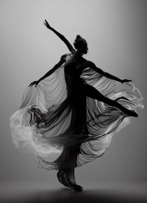 Image similar to a Photorealistic dramatic hyperrealistic render of a beautiful Female smoke dancer by Ken Brower and Deborah Ory of NYC Dance project,Lois Greenfield,Flowing cloth and smoke,Beautiful dynamic dramatic dark moody lighting,volumetric,shadows,cinematic atmosphere,Octane render,8K