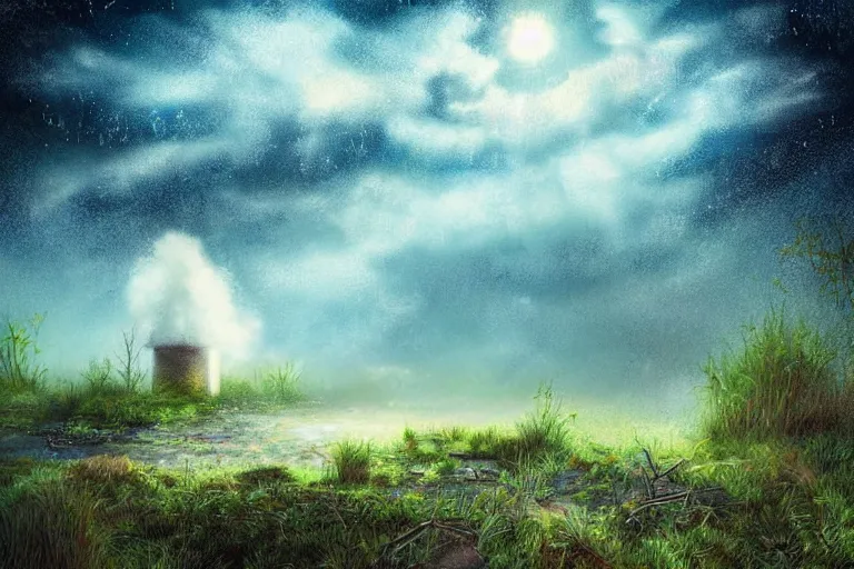 Prompt: nocturnal landscape view of an iridescent spray of clouds coming out from a water well near an old wood cottage in a desolate wasteland full of overgrown strange vegetation. detailed, soft light, sharp focus, intricate, trending artstayion, digital art