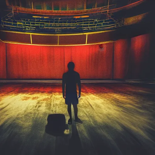 Prompt: Two male silhouettes on a gigantic abandoned theatre stage, polaroid picture, colour, bright, vignette, 4k, vague, zoomed out