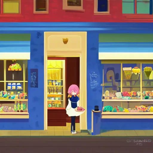 Image similar to ice cream shop storefront, king charles spaniel, digital painting by makoto shinkai