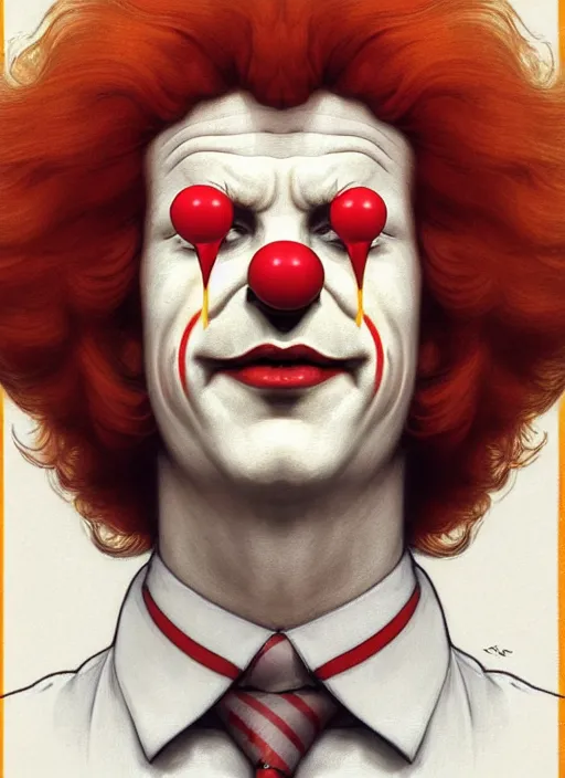 Prompt: close up portrait of ronald mcdonald, red nose and hair, yellow jumper, white collar with red and white striped sleeves by artgerm, cushart krenz, greg rutkowski, mucha. art nouveau. gloomhaven, swirly lunar ripples, pale colors, sharp edges. ultra clear detailed. 8 k. elegant, intricate, octane render