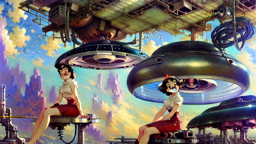 Image similar to a film still of a 1 9 5 0's mechanic anime girl with high detailed face sitting on top of flying ufo landing in hangar of giant ufo spaceship, trending on pixiv fanbox, painted by gaston bussiere, makoto shinkai, akihiko yoshida, gaston bussiere, craig mullins