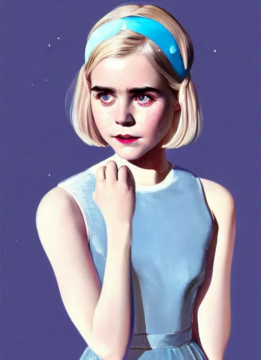 Image similar to portrait of kiernan shipka with freckles, white hair, 1 9 6 0 s bob hairstyle with bangs and hairband, blue 1 9 6 0 s dress, intricate, elegant, glowing lights, highly detailed, digital painting, artstation, concept art, smooth, sharp focus, illustration, art by wlop, mars ravelo and greg rutkowski