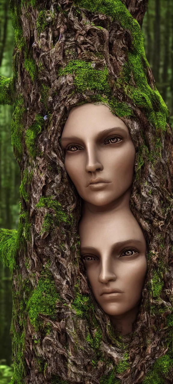 Image similar to photograph of hyperrealistic hyperdetailed ancient woman face in the shape of a tree covered with bark and moss, in a dark mysterious forest, unreal engine, octane,