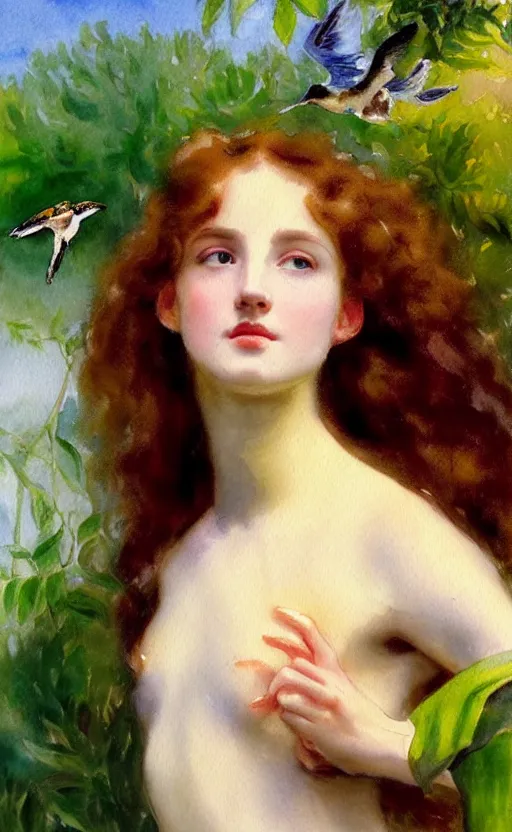 Image similar to the face of a young woman with marble complexion, angelic features, dancing curls around her face, her head raised in rapture, symmetrical eyes, watercolor by john singer sargent, background lush vegetation, insects and birds, 8 k uhd