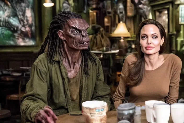 Image similar to Angelina Jolie and the alien from The Predator (2018) are best friends, drinking coffee at central perk, still photo, hyperrealistic, 35mm, 8k, by weta digital