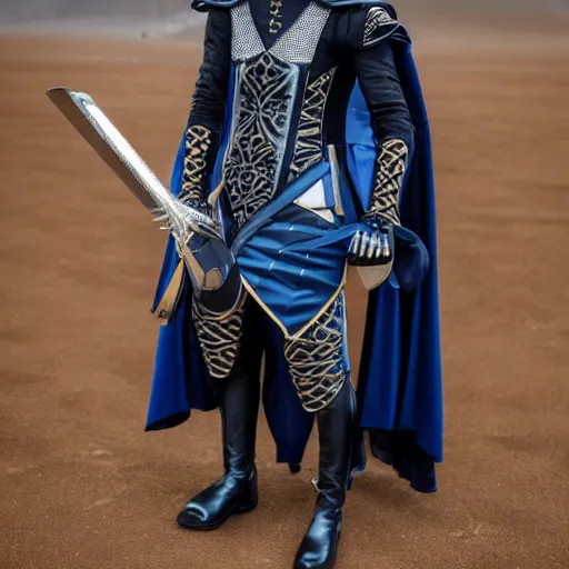 Image similar to low angle upper view of Austin Butler dressed in futuristic-baroque prussian blue duelist-garb and nanocarbon-vest and greaves, standing in an arena in Dune 2020, XF IQ4, f/1.4, ISO 200, 1/160s, 8K, RAW, unedited, symmetrical balance, face in-frame