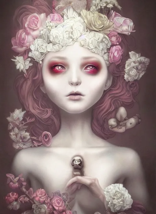 Image similar to pop surrealism, lowbrow art, realistic cute bride ghost girl painting, japanese street fashion, hyper realism, muted colours, rococo, natalie shau, loreta lux, tom bagshaw, mark ryden, trevor brown style,