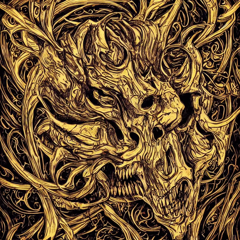 Image similar to photo of wolf skull on bones, dramatic lighting, circural, golden ornaments, symmetric, intricate skeletal decorations, symmetry, highly detailed, concept art, black, glimpse of red, white, gold layers, centered, style of nekroxiii, hyperrealistic, black background, smoke