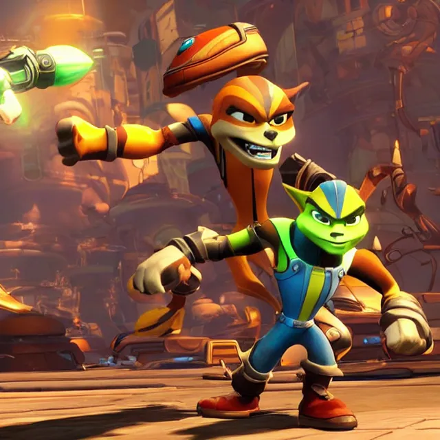 Image similar to ratchet and clank in mortal kombat, fighter, 3 d videogame render, 4 k