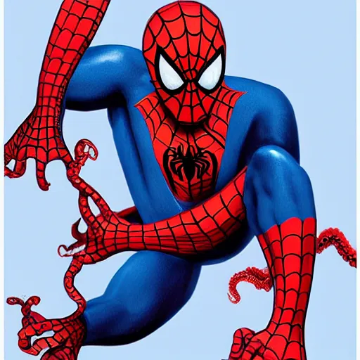 Image similar to octopus attacking and suffocating spiderman, photorealistic