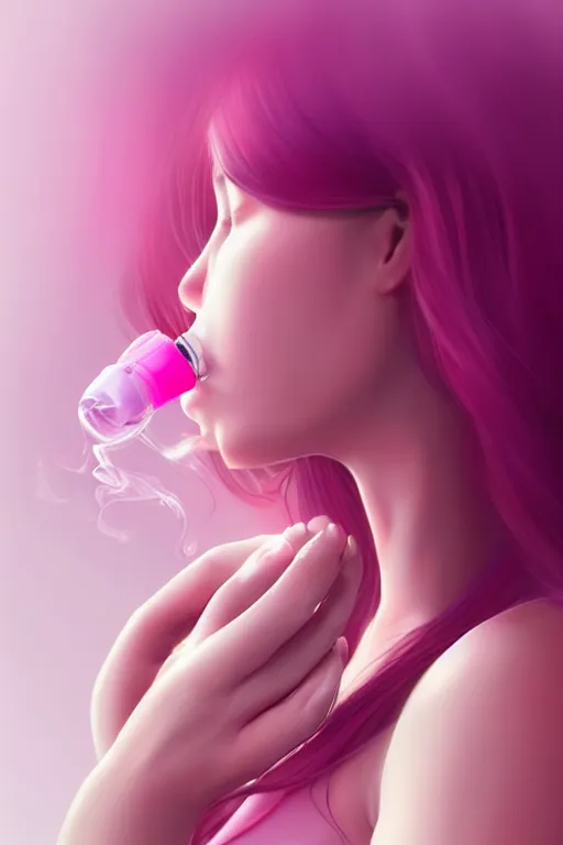 Prompt: Woman Breathing Through a Pink Vapor Inhaler, side view, digital art, professional illustration by ArtGerm