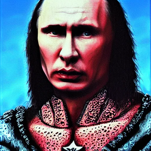 Image similar to stupid idiot degraded retard vlad putin photo - realistic, color image, hyper realistic, 2 k, highly detailed, occult art, by giger, fractal structure