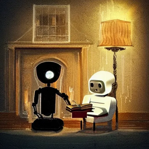 Image similar to “a lonely robot reads a book near a fireplace in a Victorian home.”