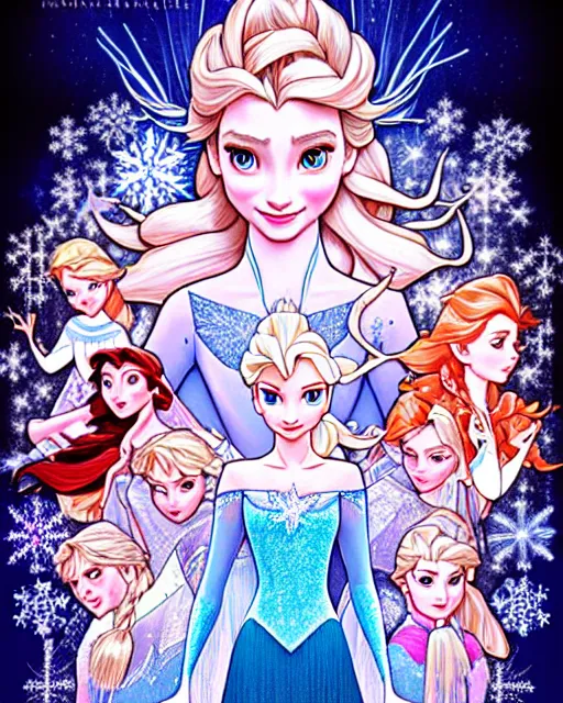 Image similar to ' princess elsa gone mental ', beautiful shadowing, 3 d shadowing, reflective surfaces, illustrated completely, 8 k beautifully detailed pencil illustration, extremely hyper - detailed pencil illustration, intricate, epic composition, masterpiece, bold complimentary colors. stunning masterfully illustrated by artgerm, range murata, alphonse mucha, katsuhiro otomo.