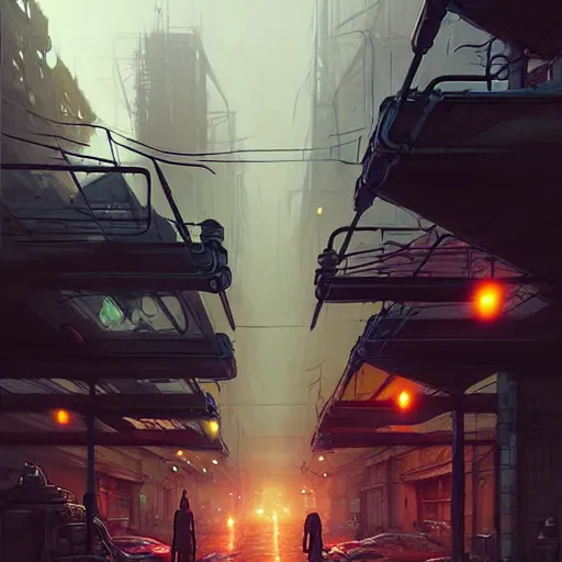 Image similar to professional concept art of a dreary diesel punk city street by artgerm and greg rutkowski. an intricate, elegant, highly detailed digital painting, concept art, smooth, sharp focus, illustration, in the style of simon stalenhag, wayne barlowe, and igor kieryluk.