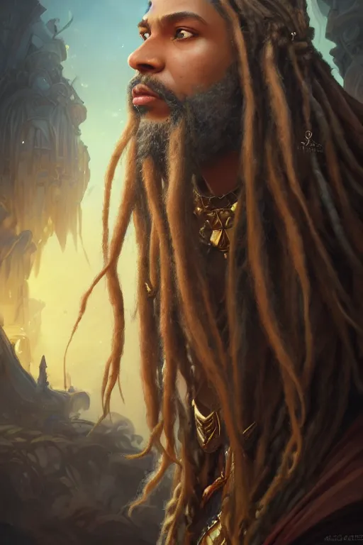 Image similar to photography of wise dreadlock king, deep focus, d & d, fantasy, intricate, elegant, highly detailed, digital painting, artstation, concept art, matte, sharp focus, illustration, hearthstone, art by artgerm and greg rutkowski and alphonse mucha