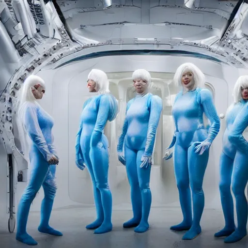 Image similar to troop of freak show women with white hair, white hair, tight light blue neopren suits, futuristic production facility, sci - fi, highly detailed, cinematic