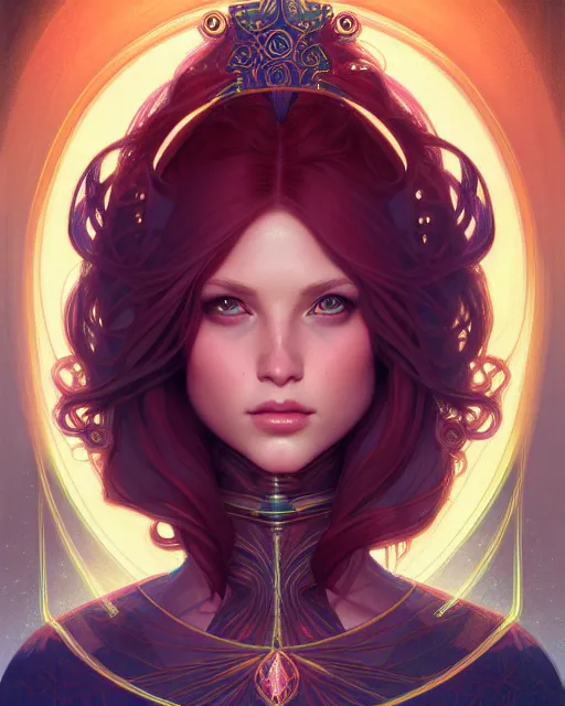 Prompt: symmetry portrait of redhead princess, glam, cleric, fireflies, crypt background, intricate, elegant, highly detailed, digital painting, artstation, concept art, smooth, sharp focus, illustration, art by artgerm and greg rutkowski and fra angelico and alphons mucha