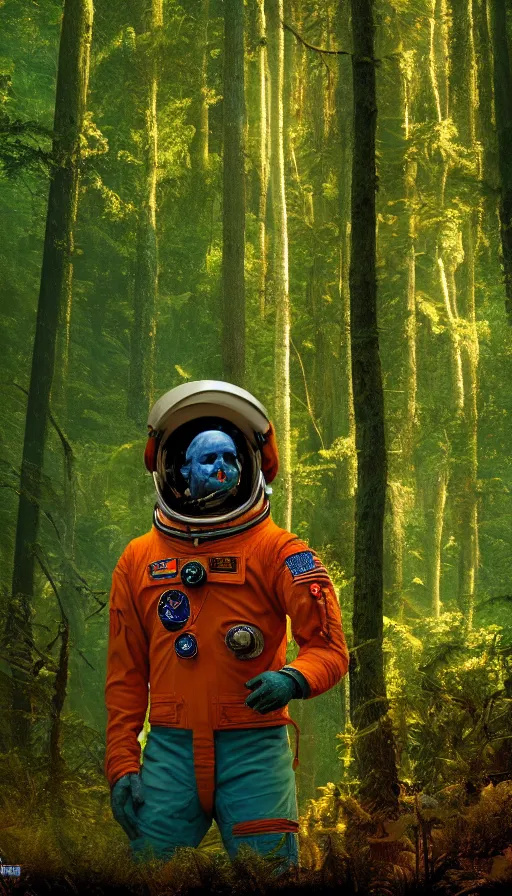 Prompt: american astronaut in the forest in orange and teal suite, plants environment wide angle cinematic lighting atmospheric realistic octane render highly detailed, octane render, in the style of craig mullins