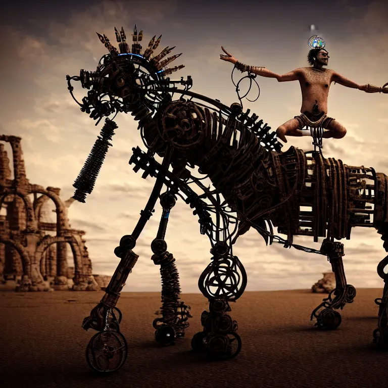 Prompt: A techno-magical shaman performs a ritual to resurrect a mechanical horse. The steel ancient ruins are covered with sand. masterpiece, fantasy art, future, cinematic, hyperdetailed, photorealistic, sigil, hyperrealism, octane rendering, 8k, depth of field, bokeh, shadows