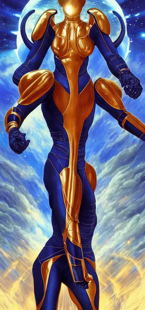 Image similar to perfectly detailed samus aran tarot card!! blessed by sci fi space with ever - increasing physical mental perfection, symmetrical! intricate, tight blue spandex full body suit, sensual features, highly detailed, biblical divine holy perfection!! digital painting, artstation, concept art, smooth, sharp focus, illustration, art by artgerm and greg rutkowski and alphonse mucha