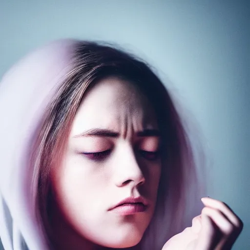 Image similar to aesthetic photo of a woman looking up with a sad expression, dslr, award winning, 8 k, octane beautifully detailed render, cold mood, purplish pastel filter, cinematic lighting, detailed photo, masterpiece, volumetric lighting, ultra realistic, highly detailed, high quality, lossless, photorealistic, sharp focus, hd