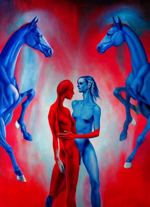 Image similar to only with blue, ney motogrosso in love with a red stallion, too many hands in all directions, in hoc signo vinces, waterfall, in the style of leonora carrington, gottfried helnwein, intricate composition, blue light by caravaggio, insanely quality, highly detailed, masterpiece, red light, artstation