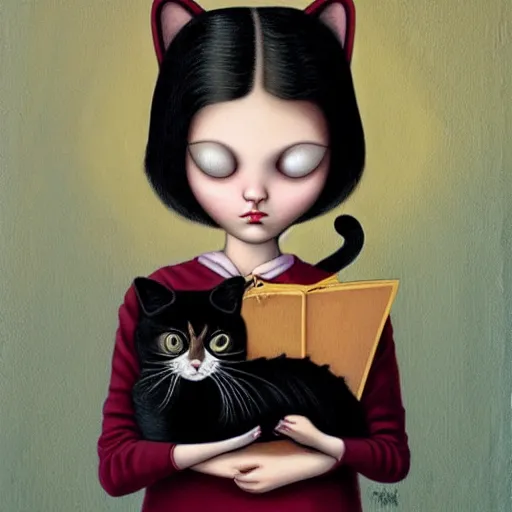 Image similar to Girl holding an annoyed cat, lowbrow painting by Mark Ryden