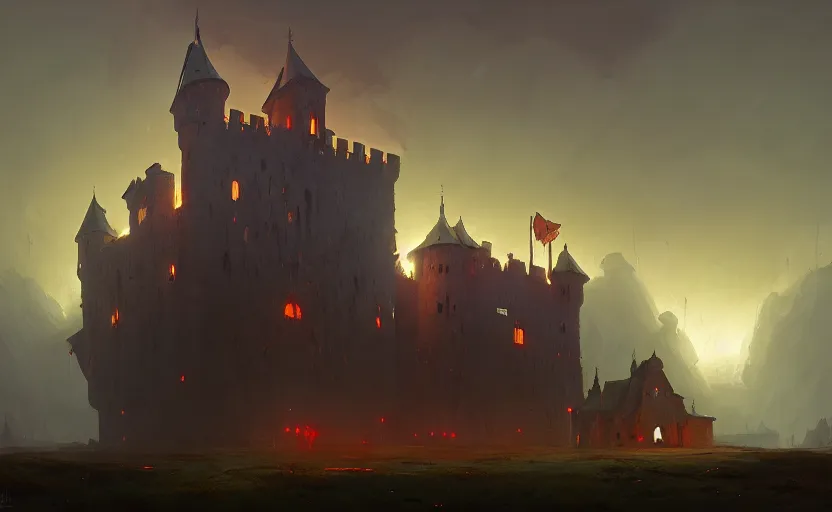 Image similar to an old medieval stronghold with moody and cinematic lighting by simon stalenhag and darek zabrocki, cinematic and atmospheric, concept art, artstation, trending on artstation