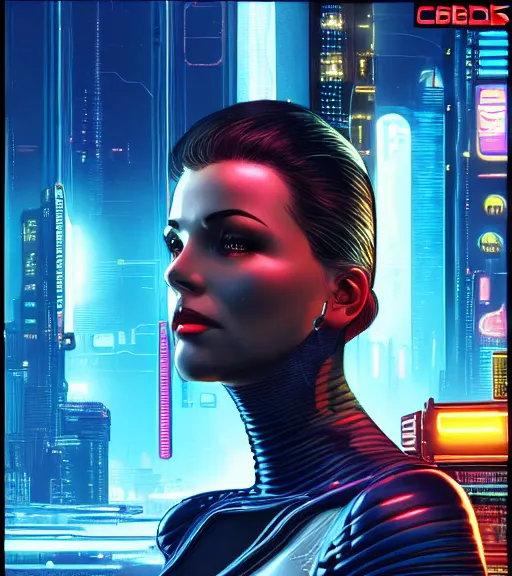 Image similar to cable plugged in, side of head, very very beautiful woman, cyberdeck computer terminal, street level night city, 1 9 7 9 omni magazine cover, style by vincent di fate, artgerm, cyberpunk 2 0 7 7, very coherent, detailed, 4 k resolution, unreal engine, daz